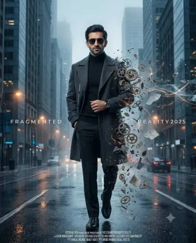 Cinematic Reality Dissolve Portrait prompt - Fragmented reality concept art, Cinematic sci-fi movie poster, Man disintegrating into gears, Wet urban street scene, Dark trench coat fashion, Digital art character design, Surreal urban landscape
