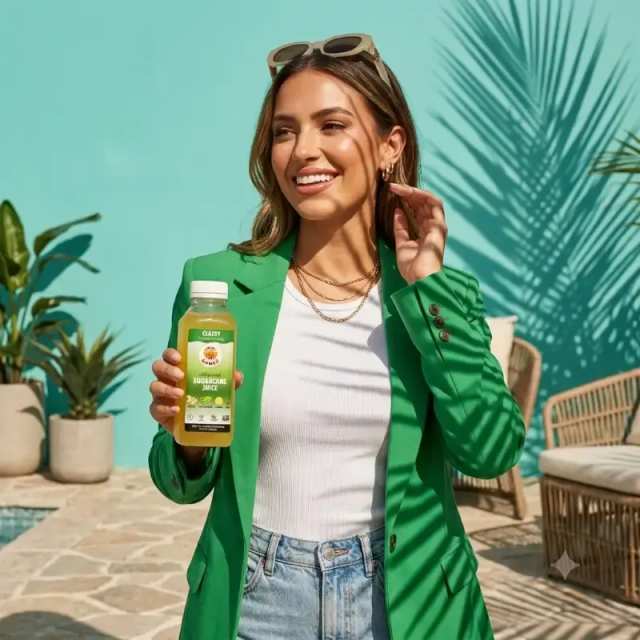 High-Fashion Ad: Woman Holding Product, Energetic Vibes prompt - lifestyle product ad, high fashion editorial, tropical sun commercial, palm shadow lighting, stylish woman model, luxury brand photography, ultra realistic rendering, product packaging fidelity