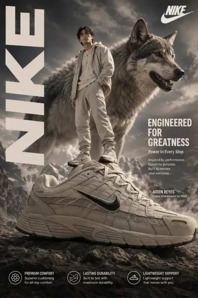  Footwear Ad: Engineered for Greatness prompt - Nike footwear campaign, Premium shoe advertising, Oversized shoe photography, Aiden Reyes ambassador, Majestic wolf imagery, Cinematic mountain scene, Luxury sportswear ad, Ultra-realistic product, High-fashion editorial, Footwear comfort durability