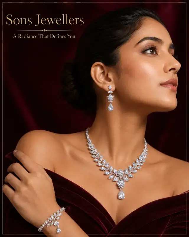 Sons Jewellers: Diamond Jewelry on Elegant Indian Woman prompt - Luxury diamond jewelry, Indian woman portrait, High fashion campaign, Pear marquise diamonds, Diamond necklace set, Jewelry craftsmanship, Couture editorial, Sons Jewellers, Commercial jewelry photography, Elegant Indian model