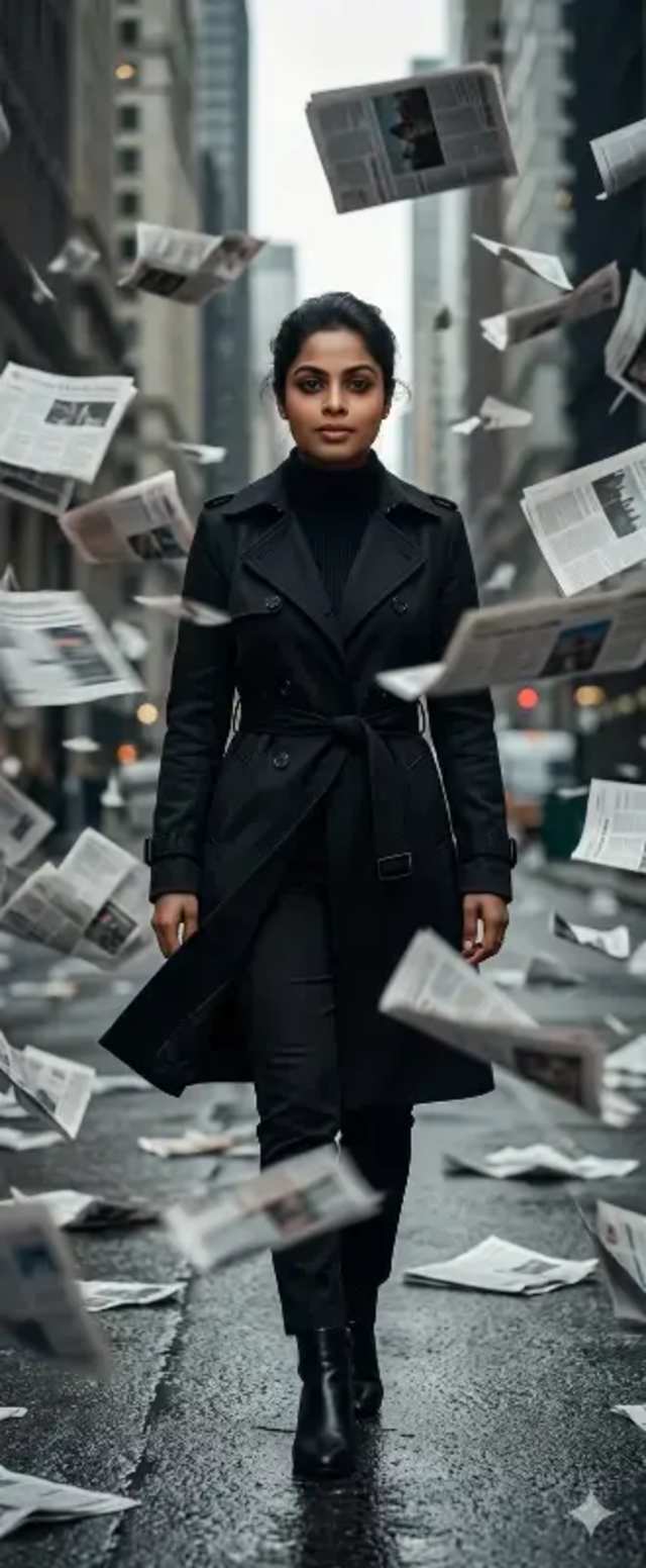 High Fashion Windstorm: Flying Newspaper Portrait prompt - High Fashion Editorial, Urban Windstorm Portrait, Flying Newspapers Photography, Freeze Frame Fashion, Cinematic Street Style, Luxury Magazine Cover, Motion Blur Background, Hyper Realistic Fashion, Dramatic Editorial Lighting, City Fashion Shoot