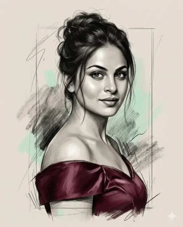 Elegant Woman Portrait: Painterly Fashion Sketch prompt - Painterly Fashion Portrait, Elegant Woman Artwork, Mixed Media Sketch, Charcoal Graphite Drawing, Luxury Editorial Art, Burgundy Satin Gown, Emerald Eyes Portrait, Dramatic Studio Lighting, Realistic Feminine Portrait, Couture Fashion Illustration
