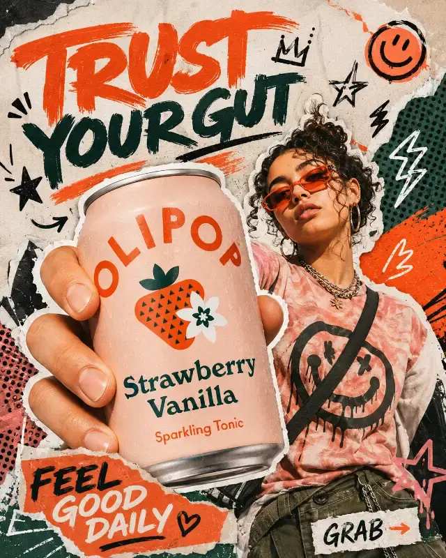 Urban Street Poster Beverage Ad: Youthful Collage Style prompt - beverage advertisement, street poster design, urban collage art, youth culture marketing, graffiti style ad, handcrafted graphic design, drink brand campaign, sticker bomb aesthetic, energetic visual design, product lifestyle photography