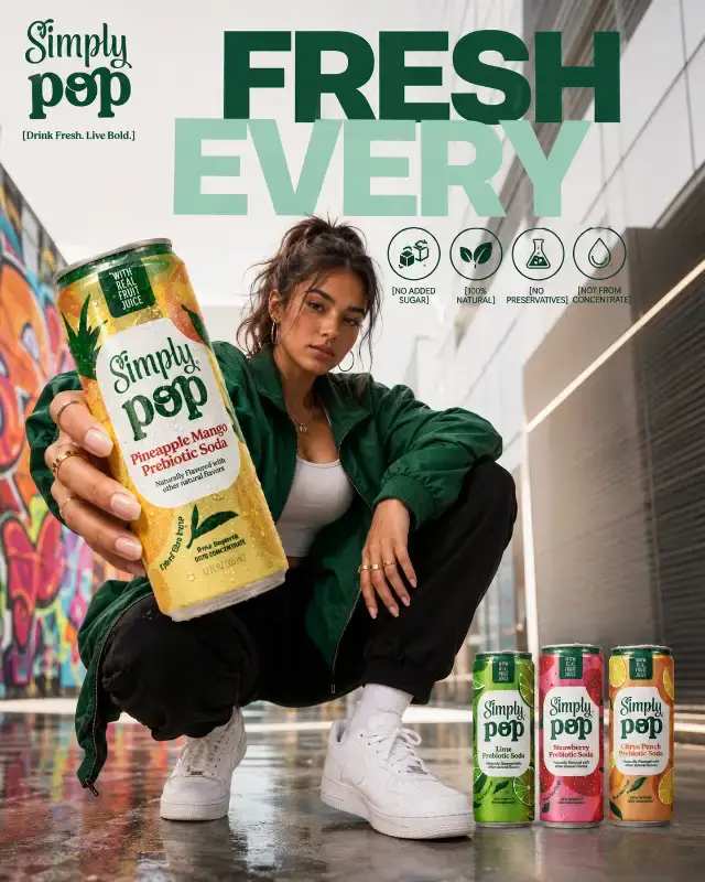 Fresh Drink Ad: Urban Streetwear & Luxury Beverage Campaign prompt - Premium Beverage Ad, Urban Streetwear Fashion, Gen Z Model, High-End Commercial Photography, Drink Product Campaign, City Street Photography, Forced Perspective Drink, Condensation Detail Bottle, Instagram Billboard Ad, Luxury Brand Marketing