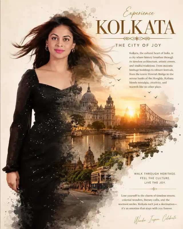 Cinematic Travel Poster: Realistic Portrait & City Blend prompt - Cinematic Travel Poster, Double Exposure Portrait, Realistic City Landscape, Luxury Tourism Campaign, Identity Preservation AI, 8K Travel Photography, Golden Hour Lighting, Editorial Portrait Design, Famous City Landmarks, Artistic Photo Blending