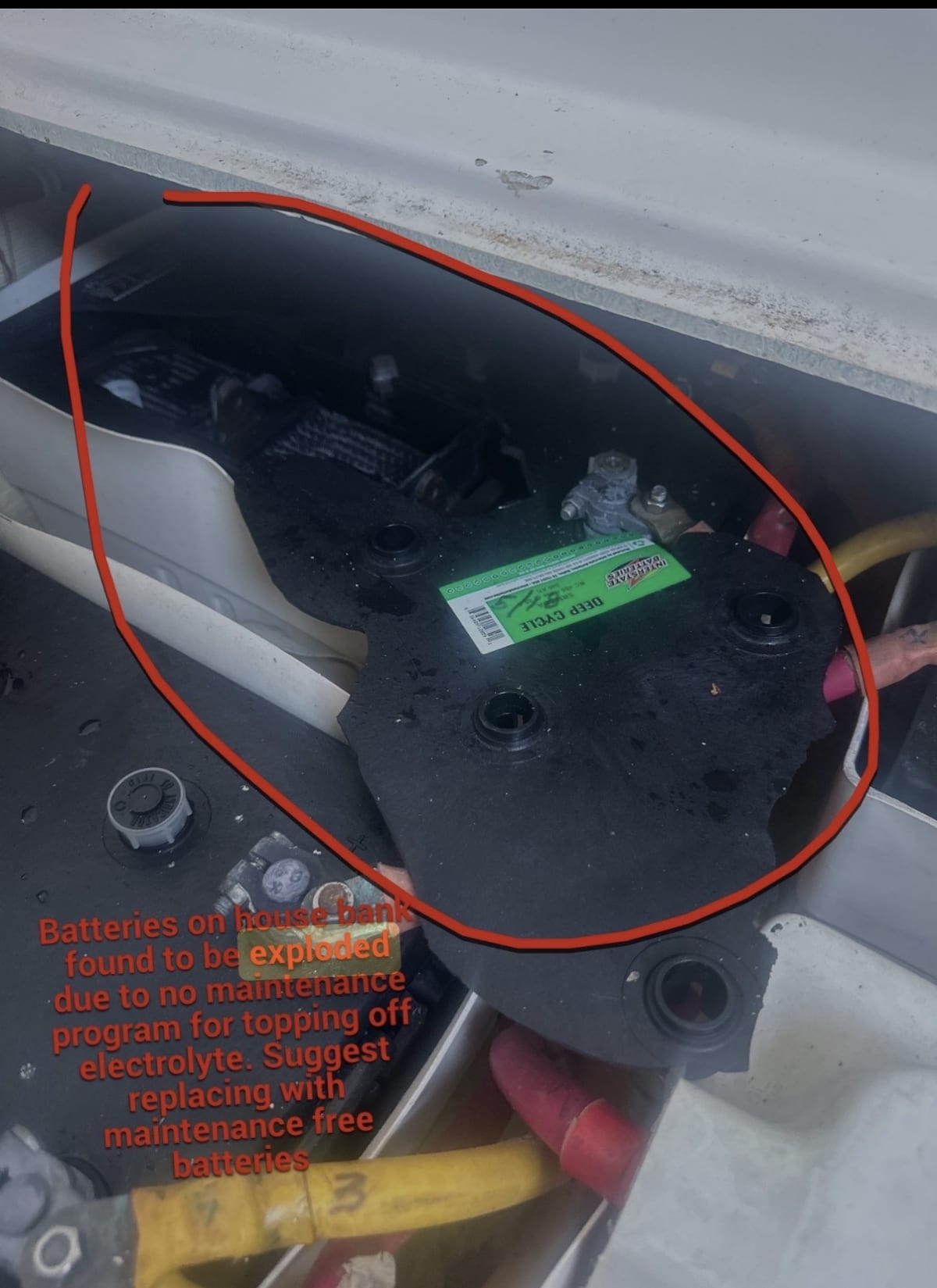 Ruptured deep cycle house bank battery in a boat battery compartment, top of the case split open after electrolyte loss