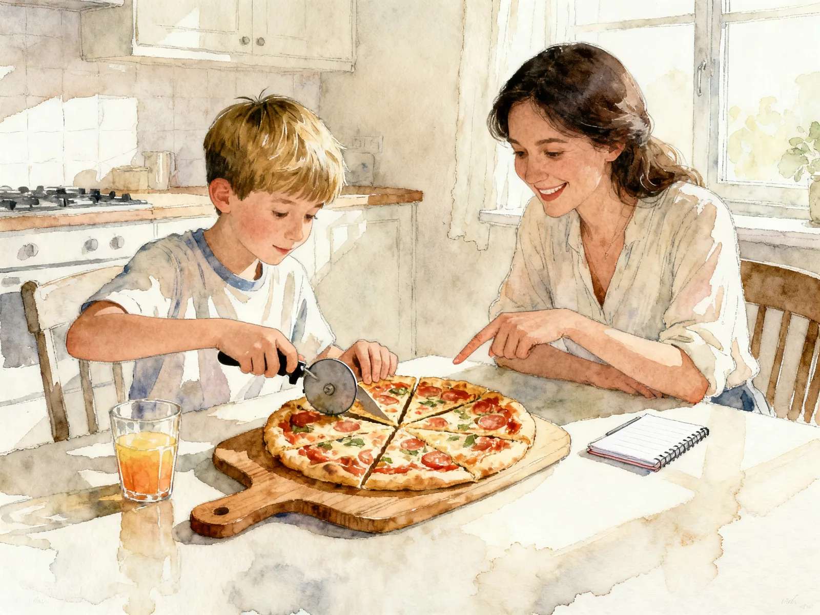 Chłopiec z mamą kroją pizzę na równe kawałki przy kuchennym stole