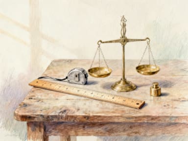 Linijka, taśma miernicza i waga szalkowa z odważnikami razem na drewnianym stole
