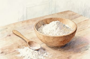 Drewniana miska pełna mąki, drewniana łyżka i mała kupka rozsypanej mąki na kuchennym stole