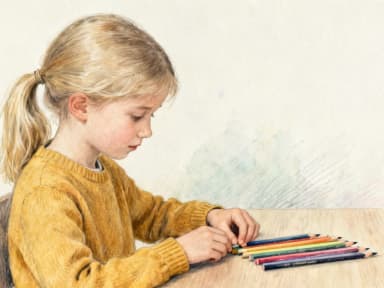 Dziewczynka z jasnym kucykiem w żółtej bluzce układa kredki na biurku od najkrótszej do najdłuższej