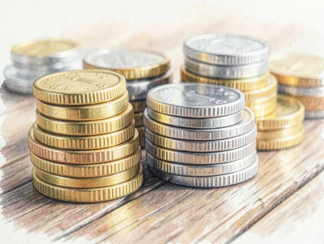 Stosy złotych i srebrnych monet ułożone na drewnianym stole