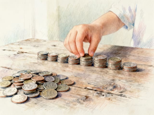 Dłoń układająca monety w równe, zaokrąglone stosy obok nieco nierównego, mniejszego stosika monet