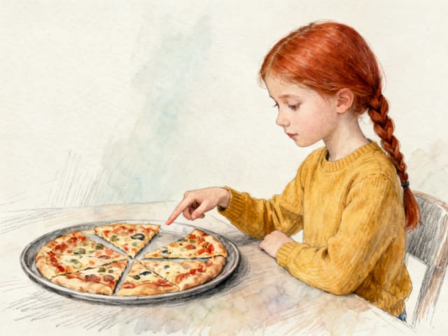Dziewczynka o rudych włosach splecionych w warkocz, w musztardowym swetrze, licząca palcem kawałki pizzy leżące na tacy