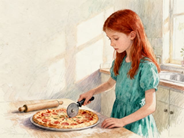 Dziewczynka z długimi rudymi włosami w morskiej sukience krojąca okrągłą pizzę radełkiem przy kuchennym stole