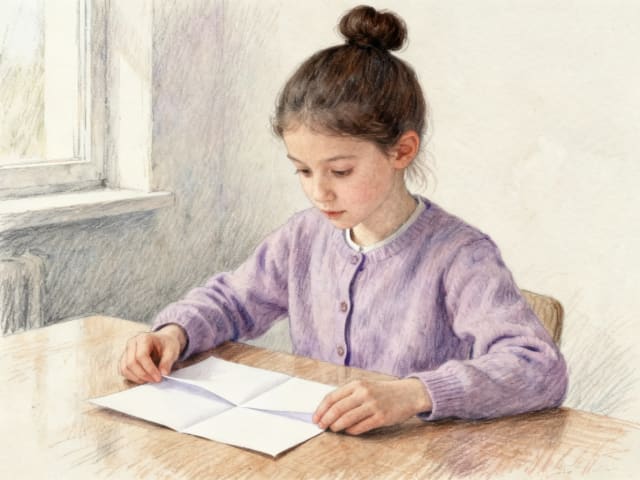 Dziewczynka o ciemnobrązowych włosach spiętych w kok, w lawendowym swetrze, składająca na pół arkusz papieru przy stole