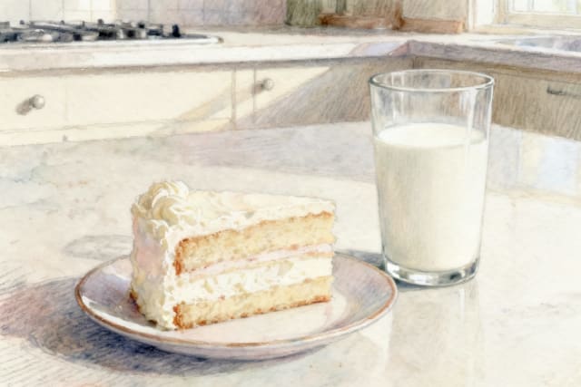 Kawałek tortu obok szklanki mleka na kuchennym blacie