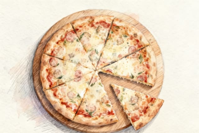 Okrągła pizza podzielona na równe kawałki, kilku brakuje