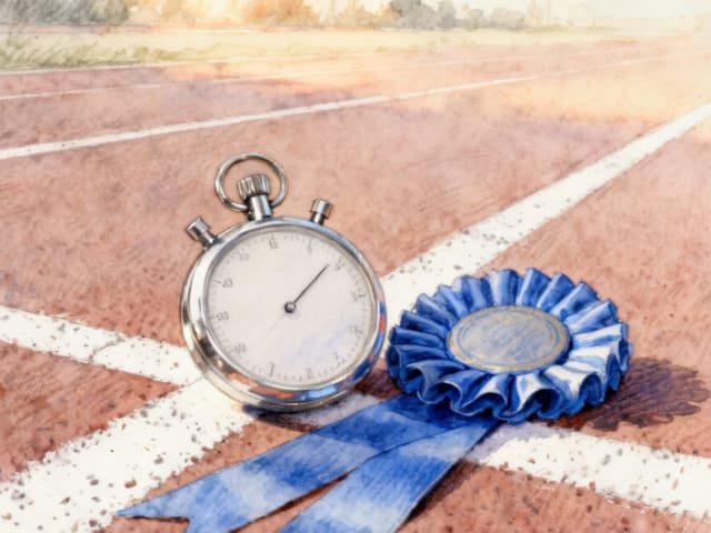 Srebrny stoper i niebieska rozeta leżące na torze bieżni lekkoatletycznej