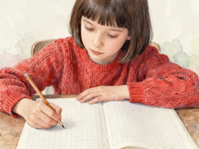 Dziewczynka w czerwonym swetrze, z krótkimi ciemnymi włosami, pochyla się nad otwartym zeszytem w kratkę z ołówkiem uniesionym nad pustą stroną