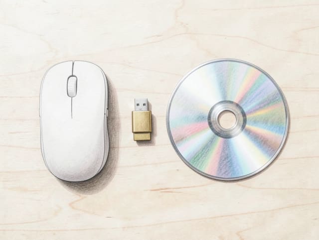 Mysz komputerowa, pendrive i srebrna płyta CD ułożone równo na jasnym drewnianym blacie