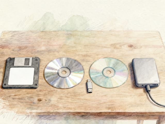Rząd nośników danych na drewnianym stole, od najstarszego: kwadratowa dyskietka, srebrna płyta CD, płyta DVD, mały pendrive i przenośny dysk zewnętrzny — wszystkie bez naklejek i napisów