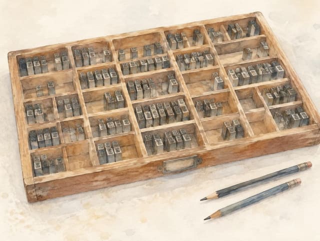 Drewniana kaszta zecerska z przegródkami stoi otwarta na jasnym blacie, w przegródkach leżą metalowe czcionki drukarskie z wypukłymi literami na końcach, a obok pudełka leżą dwa ołówki