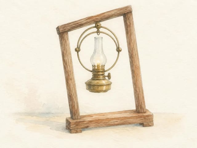 Mosiężna lampa naftowa ze szklanym kominkiem, zawieszona w obrotowej mosiężnej obręczy wewnątrz drewnianej ramy stojącej na podstawce; rama jest wyraźnie przechylona w lewo, a lampa mimo to wisi zupełnie pionowo
