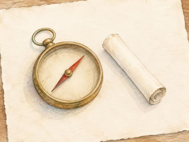 Stary mosiężny kompas z czerwoną igłą leżący na pustym arkuszu papieru, obok zwinięty w rulon kawałek papieru