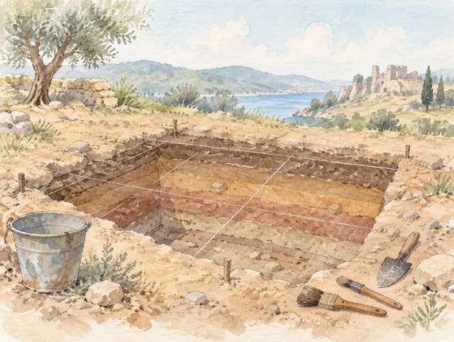 Akwarela: stanowisko archeologiczne — prostokątny wykop z widocznymi warstwami ziemi w przekroju, naciągnięte sznurki w kratkę, obok leżą pędzelki, łopatka i wiaderko