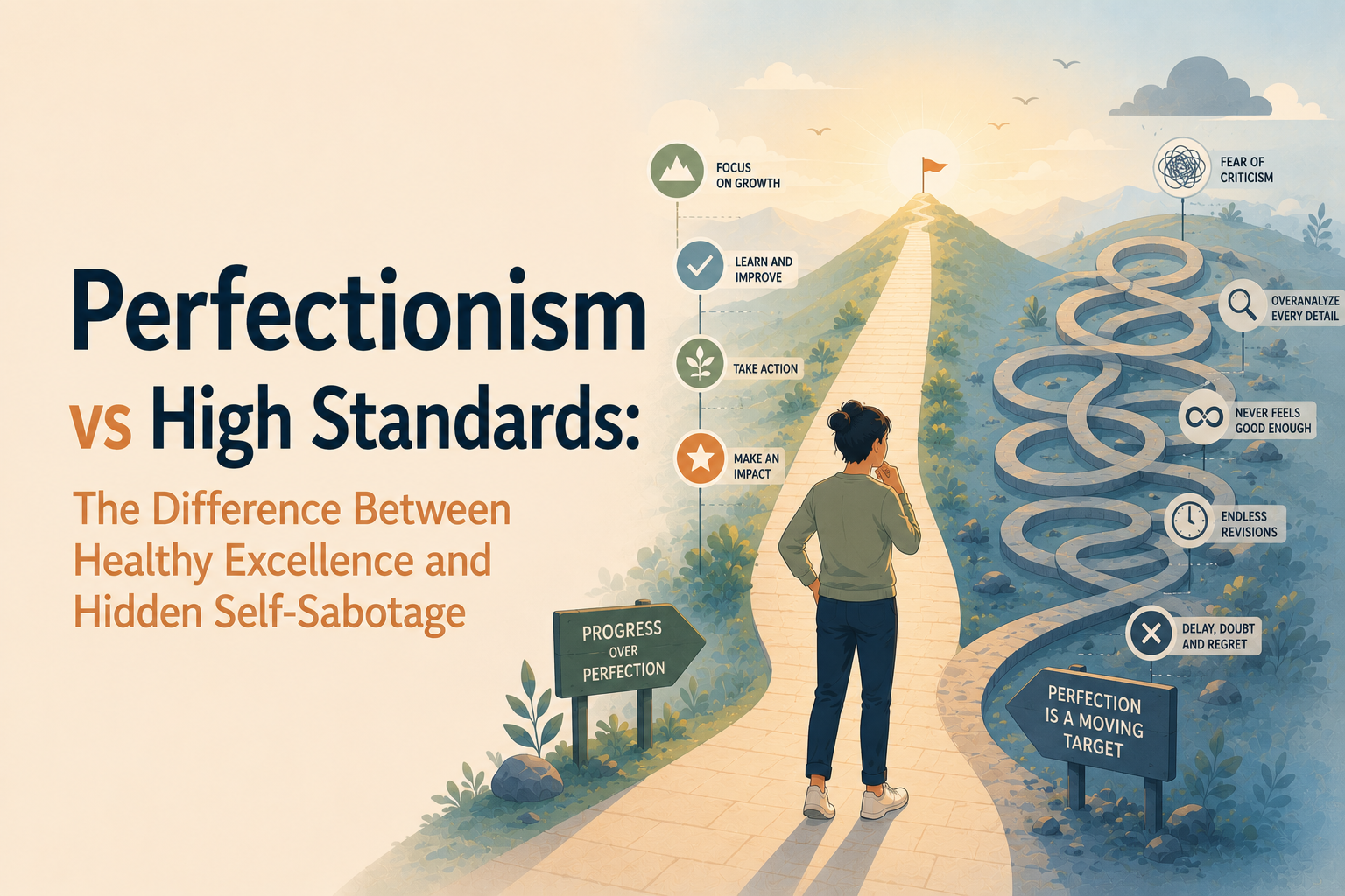 Minimal editorial illustration comparing perfectionism and high standards, showing one path leading toward steady progress and another looping endlessly, symbolizing hidden self-sabotage and overthinking.