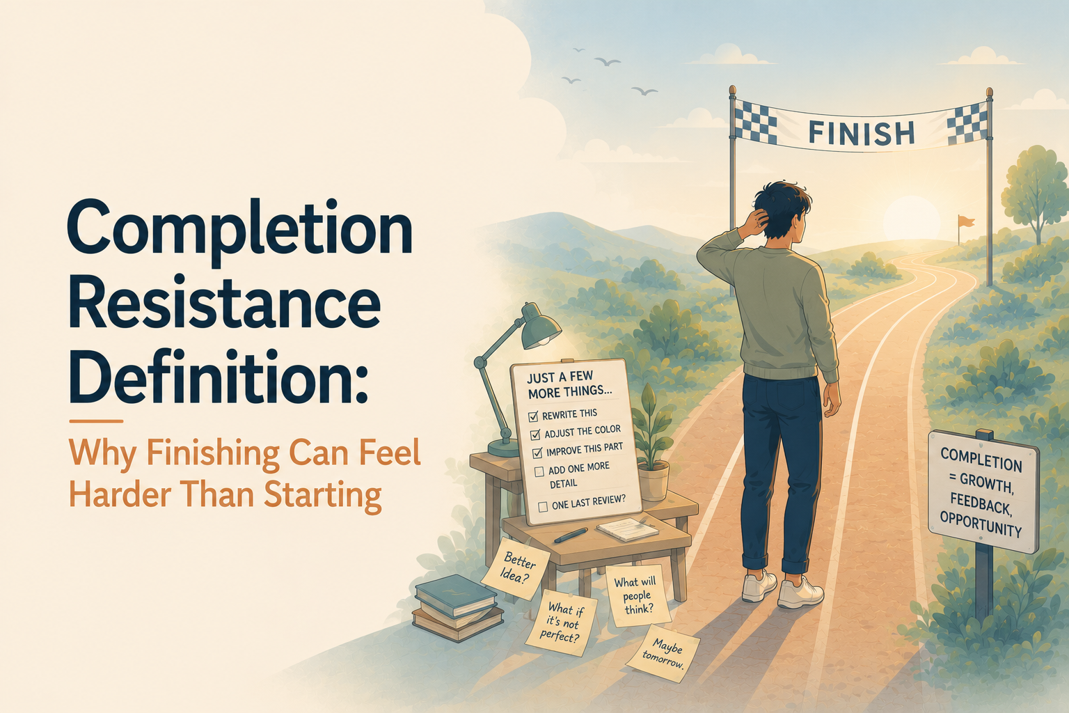 Minimal editorial illustration of a gender-neutral person pausing just before a finish line while surrounded by notes, revisions, and a checklist, symbolizing completion resistance and the emotional difficulty of finishing important work.