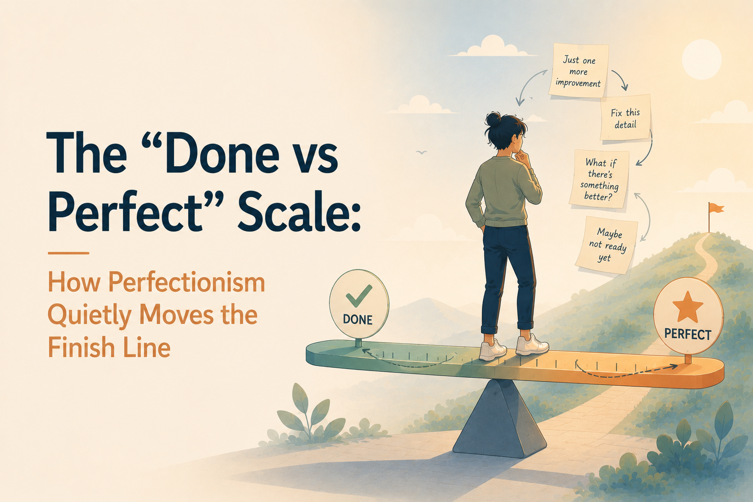 Minimal editorial illustration of a gender-neutral person standing between two paths: one is a looping maze labeled perfectionism, symbolizing endless revisions and overthinking, while the other is a straight path labeled high standards leading toward a finish line, representing steady progress and healthy excellence. The design uses soft pastel colors with large negative space on the left for the article title.