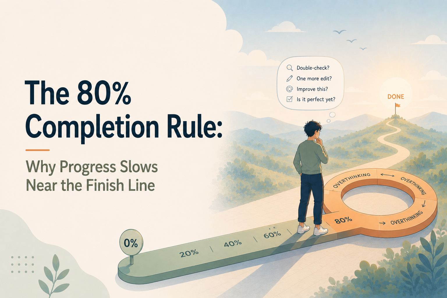 Minimal editorial illustration of a person standing at the 80% mark of a progress path that loops into a circular overthinking cycle before reaching a finish flag, symbolizing completion resistance and perfectionism near the end of a project.