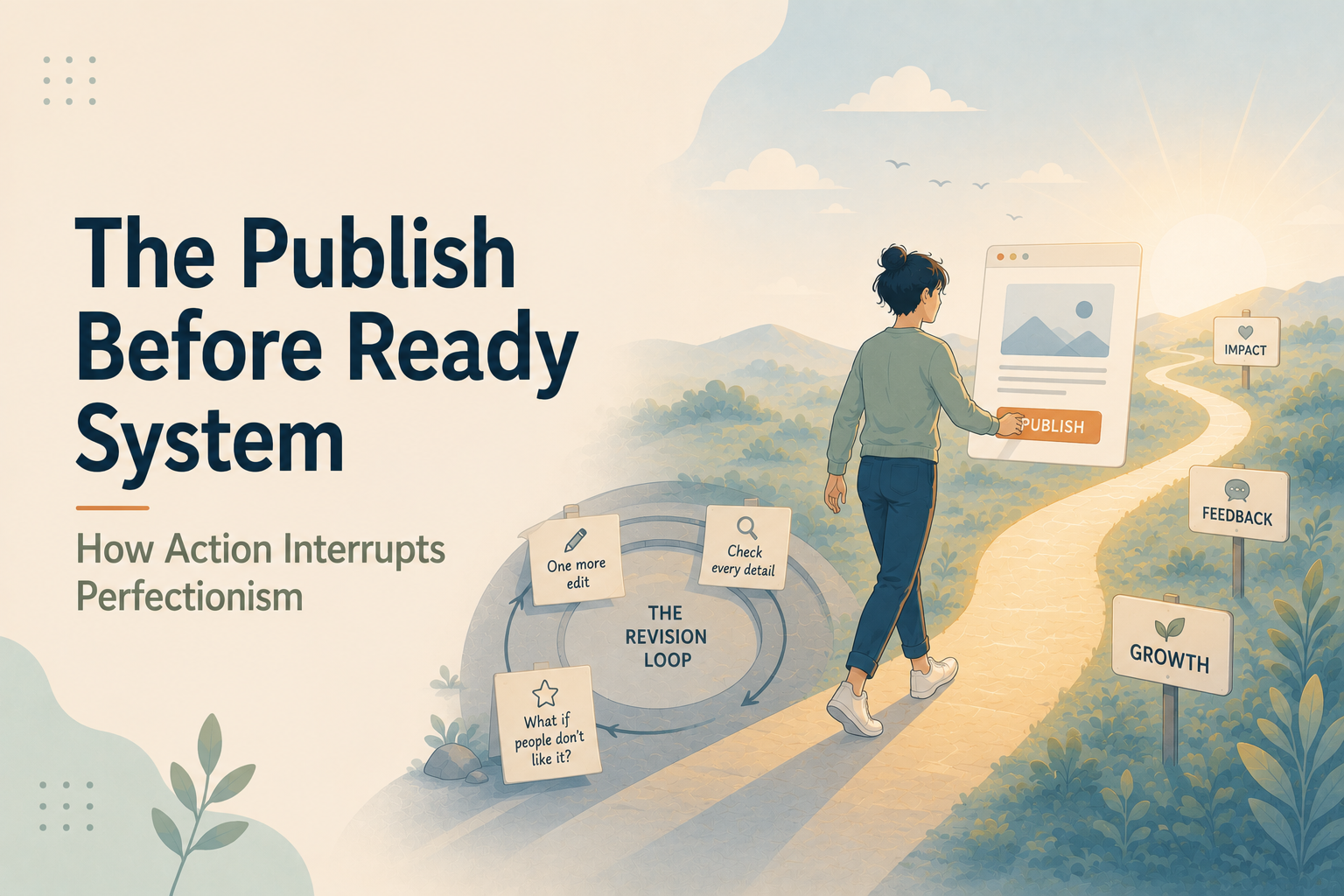 Minimal editorial illustration of a person leaving a circular revision loop to publish a completed project, following a glowing path toward growth, feedback, and impact, symbolizing action over perfectionism.