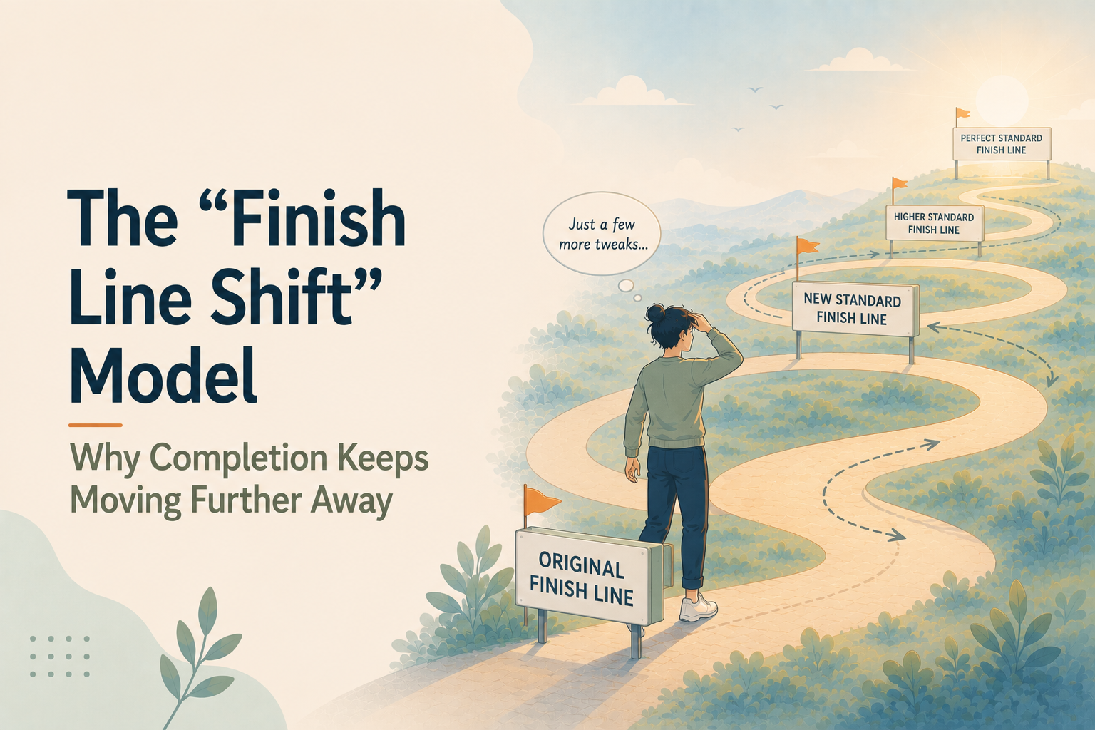 Minimal editorial illustration of a gender-neutral person walking toward a finish line that keeps moving farther away along a winding path, symbolizing the Finish Line Shift Model, perfectionism, and delayed completion.