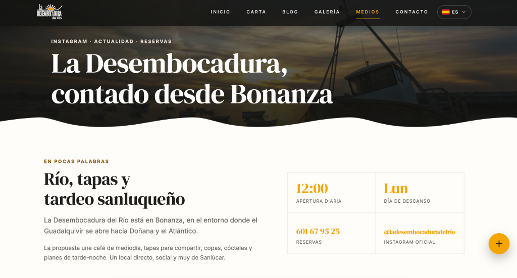 Sección de información, horarios y reservas directas por teléfono e Instagram