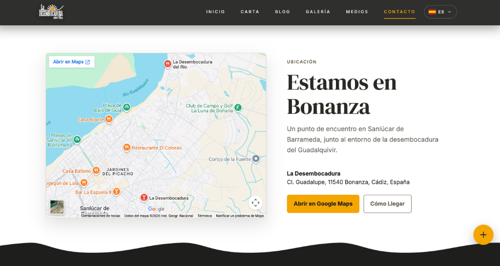 Sección de ubicación en Bonanza con mapa interactivo de Google Maps y navegación GPS