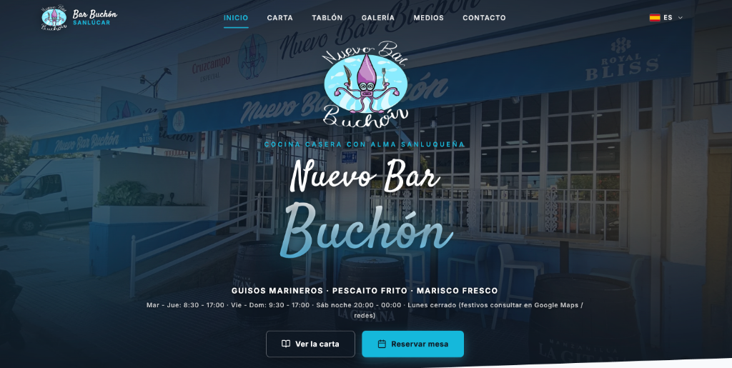 Página principal y hero web de Nuevo Bar Buchón