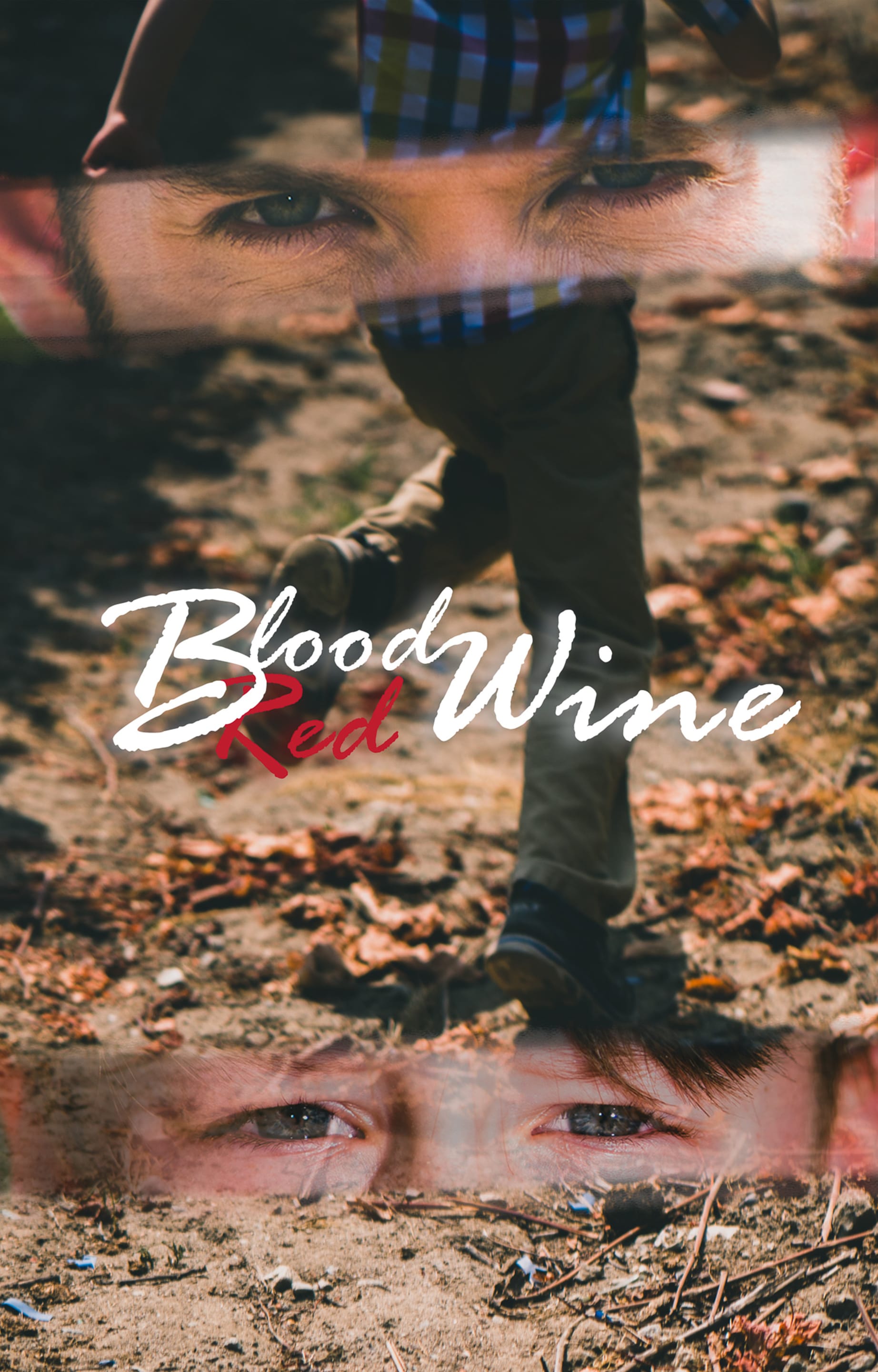 The image captures a person walking through a natural setting with overlaid eyes and the text "Blood Red Wine". The artwork evokes a sense of introspection and human presence in nature.