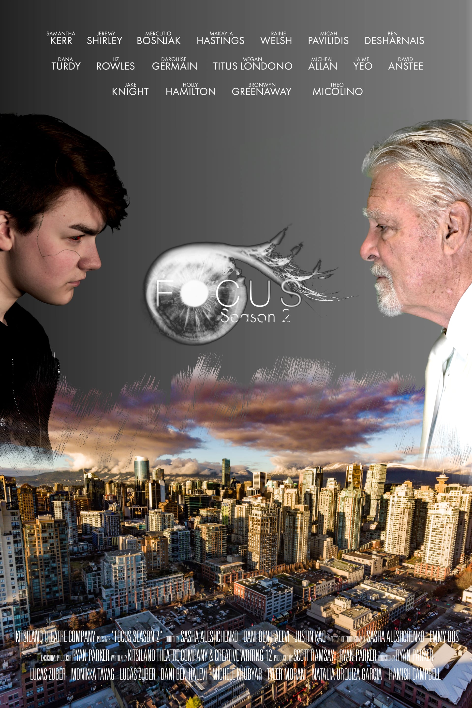 This is a poster for "Focus Season 2". It features two people looking at each other, with the title between them and a cityscape in the background.