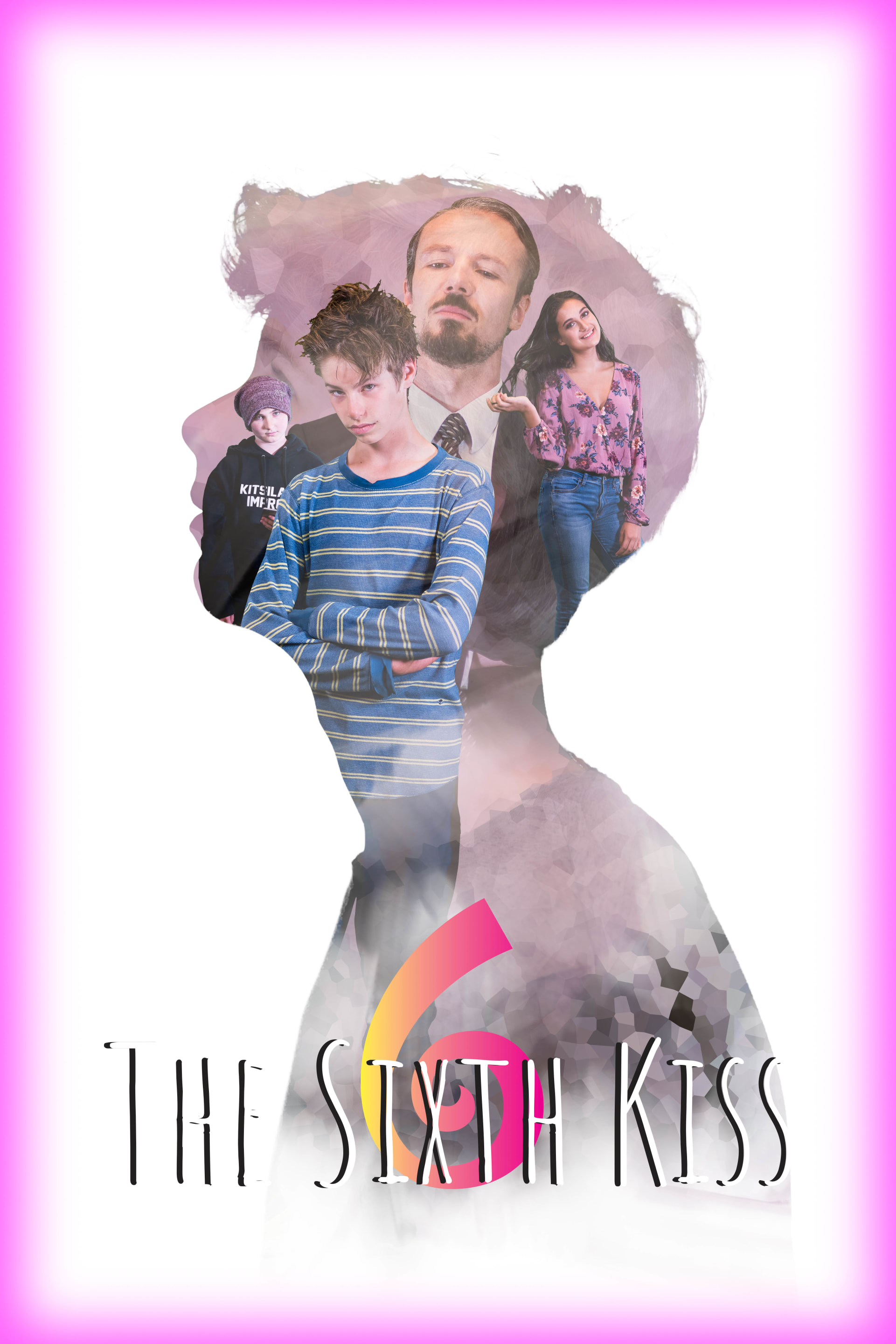 This image features a stylized portrait with multiple figures in a gradient design. The title "The Sixth Kiss" is prominently displayed.