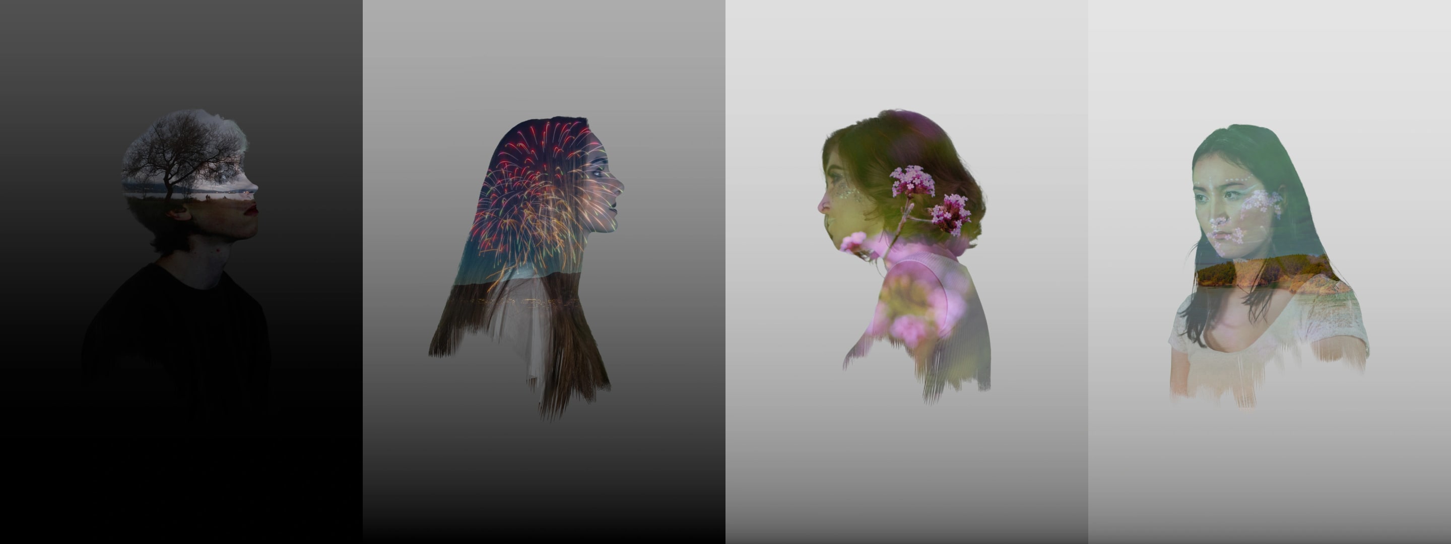 This artwork is a set of four portraits, each depicting a human silhouette superimposed with different scenes. The subjects are overlaid with elements such as a tree, fireworks, flowers, and a landscape, creating a sense of depth and layered meaning.