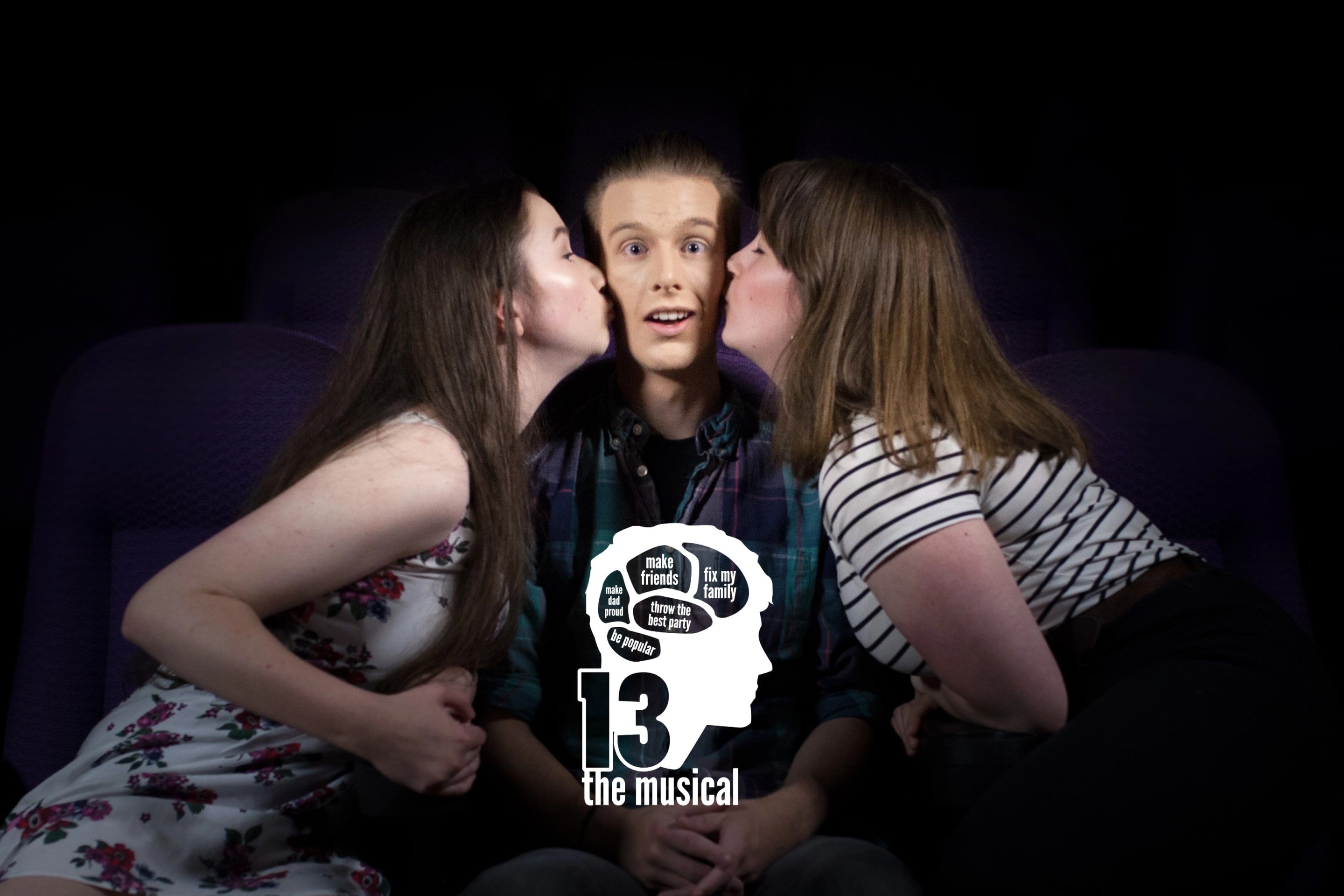 This image depicts a theatrical scene from the musical '13'. A young man is flanked by two women, all interacting in a humorous and expressive manner.