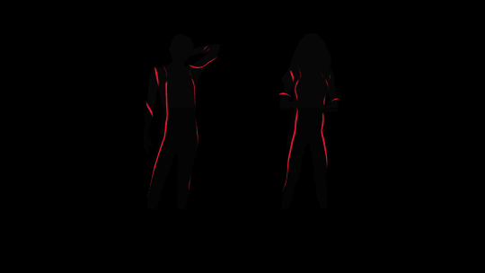 Two silhouetted figures are depicted against a stark black background, illuminated by red lines that define their forms.