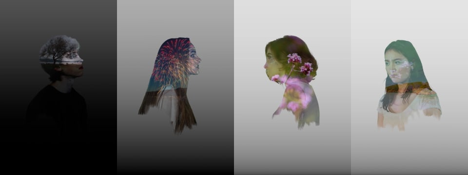 This artwork is a set of four portraits, each depicting a human silhouette superimposed with different scenes. The subjects are overlaid with elements such as a tree, fireworks, flowers, and a landscape, creating a sense of depth and layered meaning.