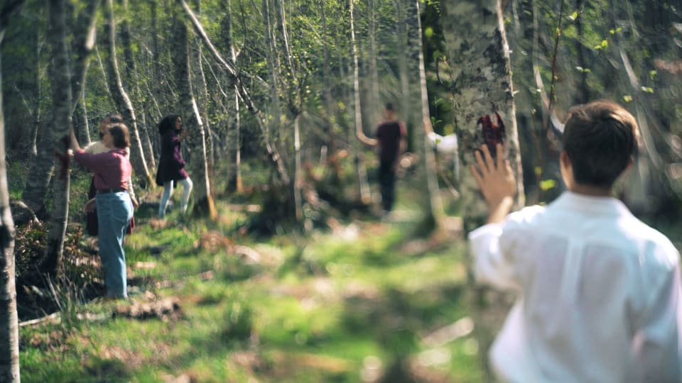 An artistic shot of people interacting with nature. The image is slightly blurred, creating a dreamy feel.