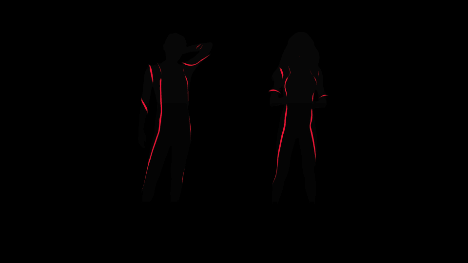 Two silhouetted figures are depicted against a stark black background, illuminated by red lines that define their forms.