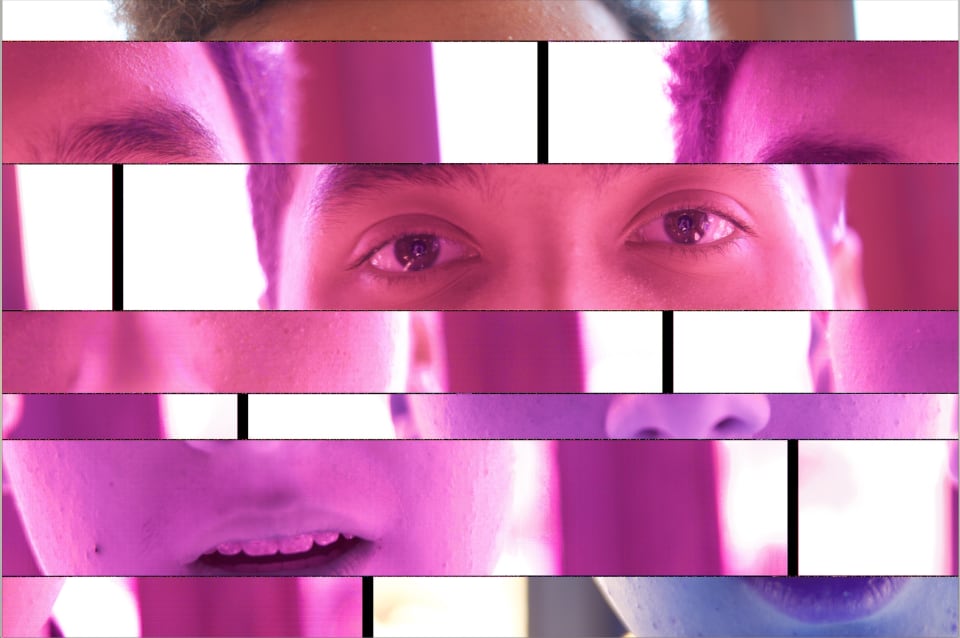 This image is a fragmented portrait of a person, with sections of the face separated by white and black lines. The composition emphasizes the eyes and mouth.