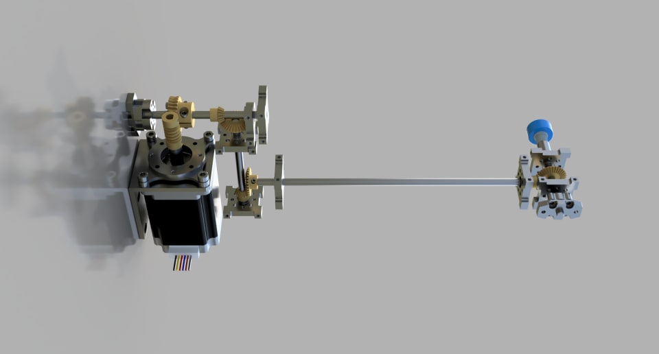 An overhead view of a complex mechanical assembly. The image features gears, shafts, and supporting structures, likely representing a machine's inner workings or a conceptual design.