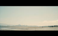 A dog runs across the beach with the city far behind it under a pastel sky.
